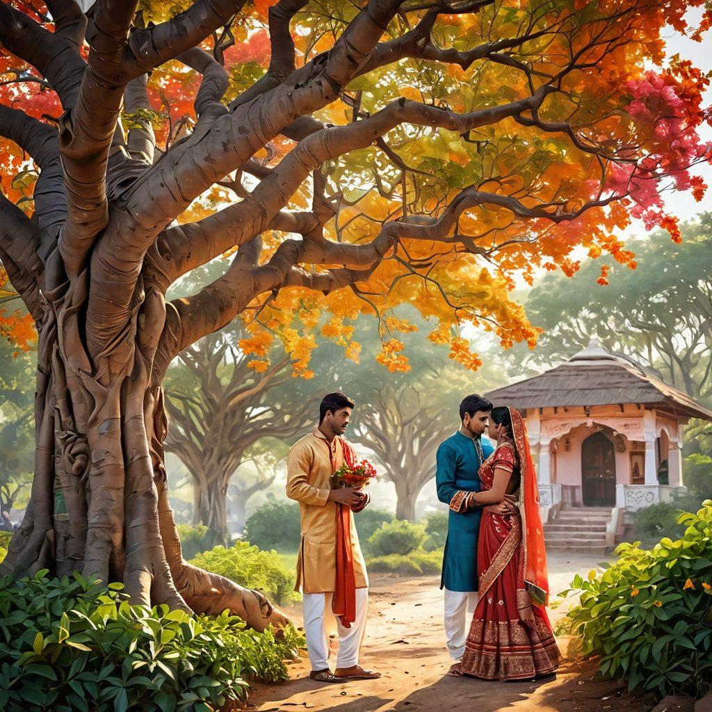 A beautifully illustrated scene depicting a traditional Indian village backdrop with vibrant foliage, where a couple in elegant, culturally rich attire are engaged in a romantic gesture under a blooming banyan tree. Surrounding them are elements of folklore, like mythical creatures and colorful textile motifs, blending the essence of romance and culture. Soft, warm colors add a nostalgic feel. fantasy art. vibrant colors. 3D.