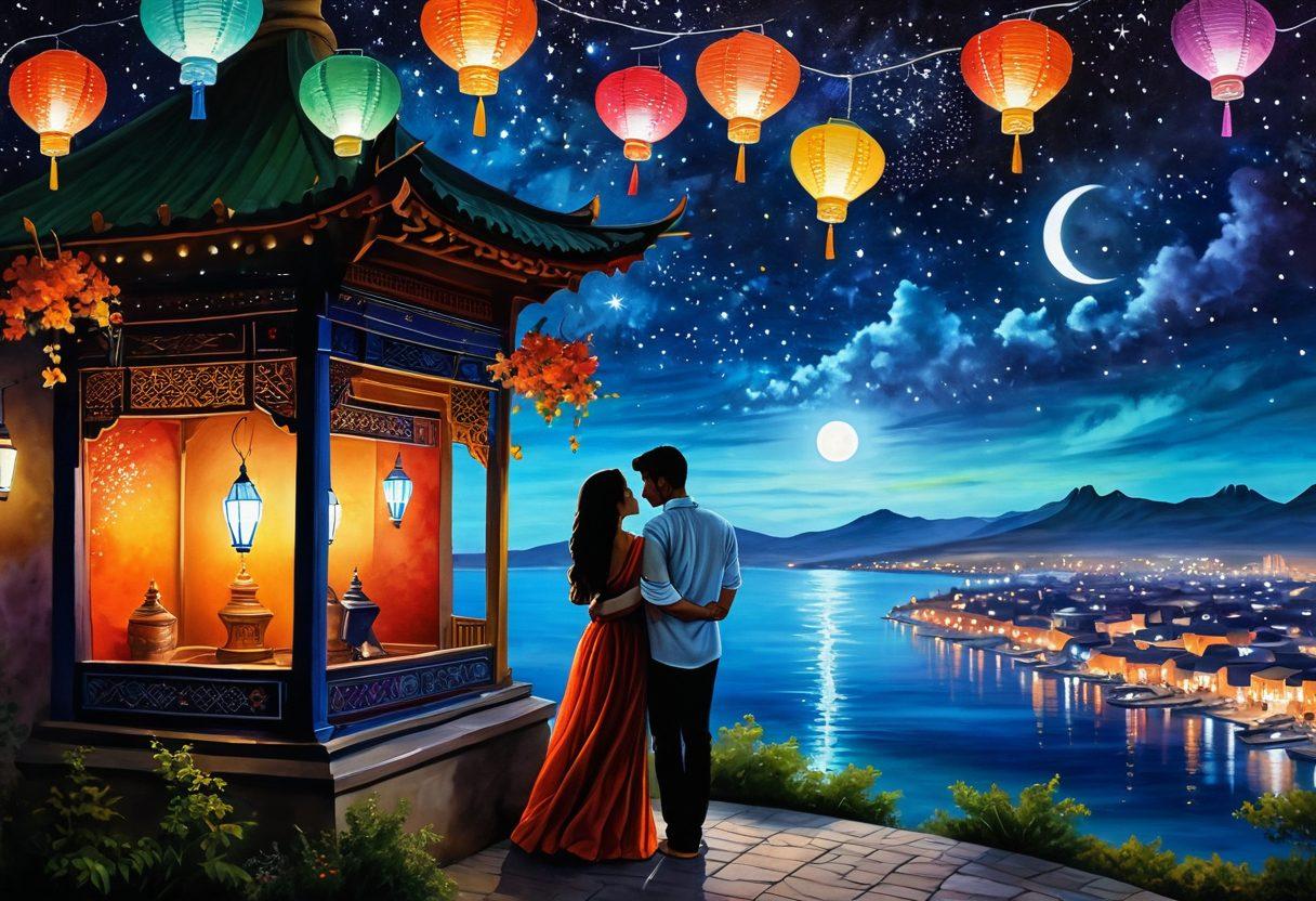 A mystical landscape featuring a couple sharing a tender moment under a starry sky, surrounded by elements symbolizing South Asian culture, like colorful lanterns and intricate floral patterns. Incorporate traditional motifs and vibrant colors to evoke a sense of romance and nostalgia. Add a hint of a distant city skyline to suggest the heart of a bustling metropolis. painting. vibrant colors. super-realistic.