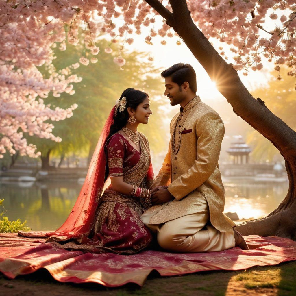 A beautifully crafted scene depicting an Indian couple sharing a tender moment under a blooming cherry blossom tree, with soft golden sunlight filtering through the leaves. Surround them with elegant traditional attire, adorned with intricate patterns and jewelry, while traditional Indian storybooks float around them, symbolizing the power of storytelling. Enhance the background with shadowy silhouettes of historic palaces and vibrant cultural motifs. super-realistic. vibrant colors. 3D.